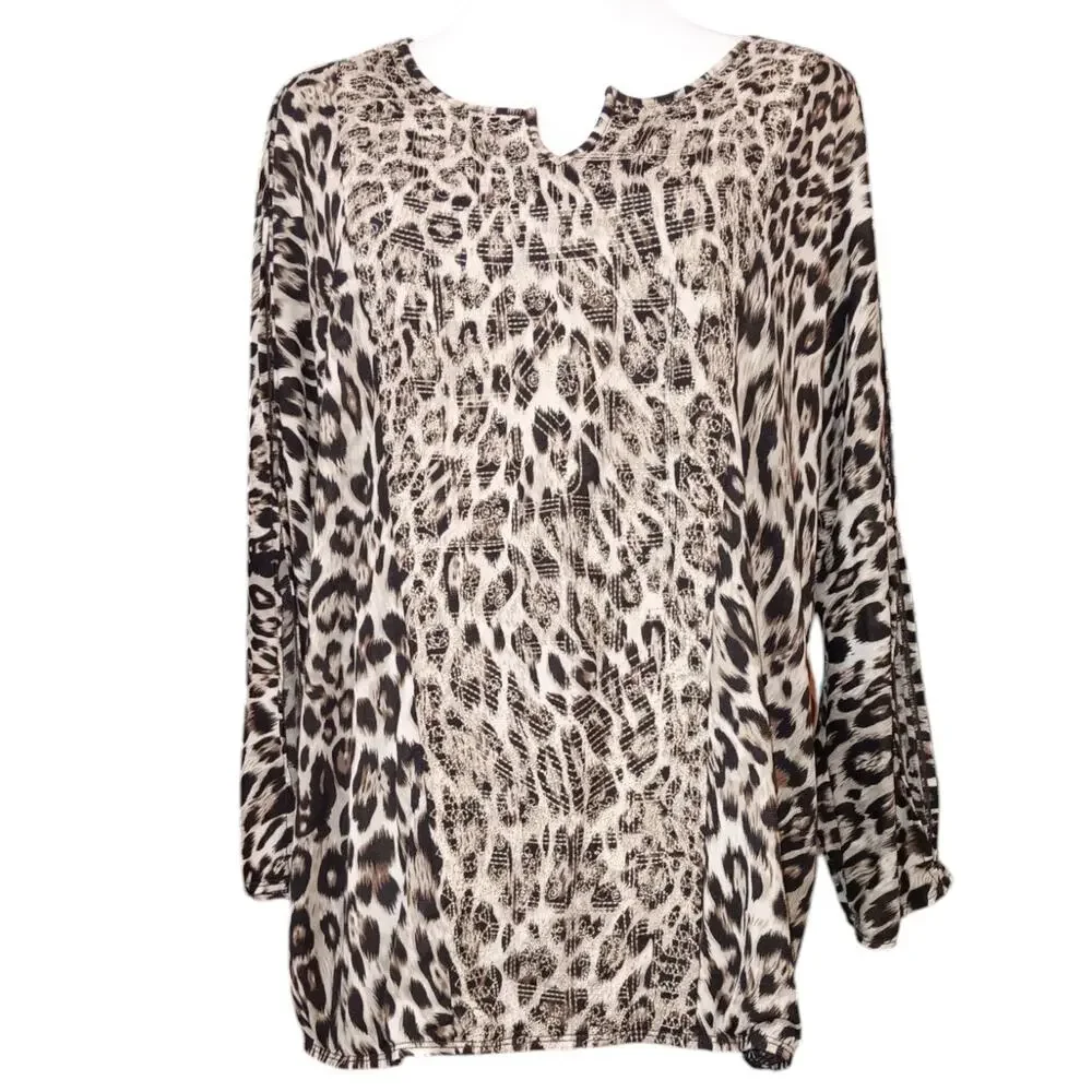 CHICO'S Blouse Top 3 XL Gold Embroidered Animal Print Cheetah Career‎ Office
